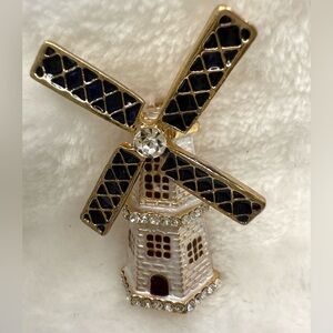 Elegant Multicolor Glass Windmill Lighthouse Style Brooch Goldtone